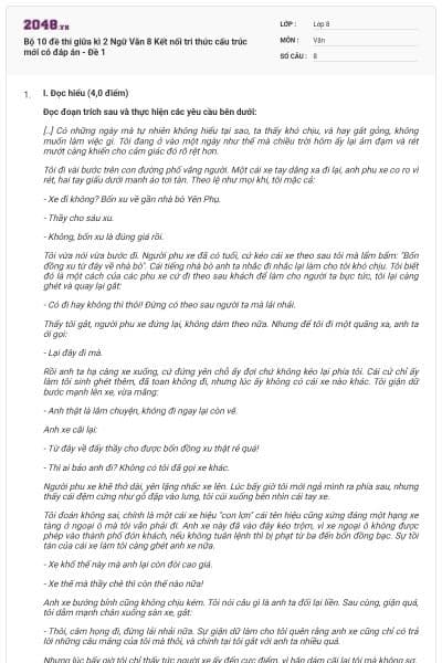 Bộ 10 đề thi giữa kì 2 Ngữ Văn 8 Kết nối tri thức cấu trúc mới có đáp án - Đề 1