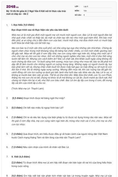 Bộ 10 đề thi giữa kì 2 Ngữ Văn 8 Kết nối tri thức cấu trúc mới có đáp án - Đề 2