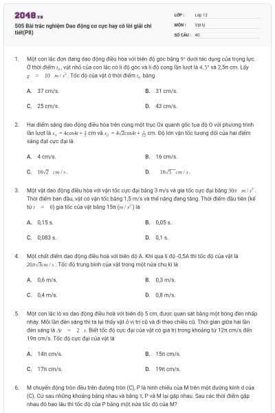 505 Bài trắc nghiệm Dao động cơ cực hay có lời giải chi tiết(P8)