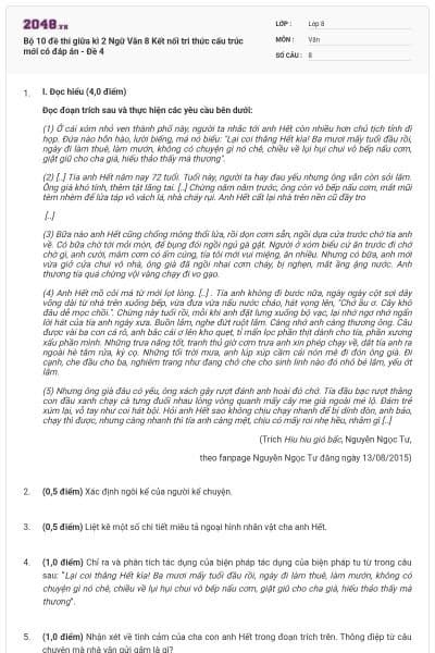 Bộ 10 đề thi giữa kì 2 Ngữ Văn 8 Kết nối tri thức cấu trúc mới có đáp án - Đề 4