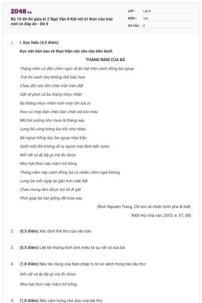 Bộ 10 đề thi giữa kì 2 Ngữ Văn 8 Kết nối tri thức cấu trúc mới có đáp án - Đề 6