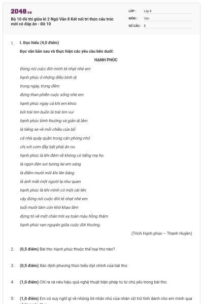 Bộ 10 đề thi giữa kì 2 Ngữ Văn 8 Kết nối tri thức cấu trúc mới có đáp án - Đề 10