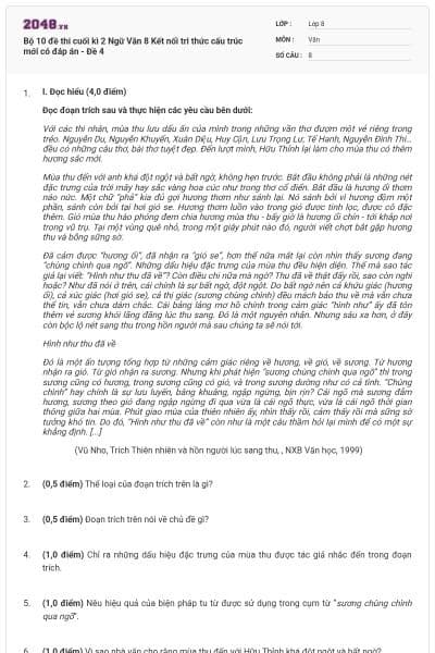 Bộ 10 đề thi cuối kì 2 Ngữ Văn 8 Kết nối tri thức cấu trúc mới có đáp án - Đề 4