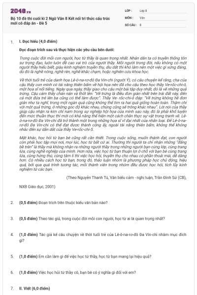 Bộ 10 đề thi cuối kì 2 Ngữ Văn 8 Kết nối tri thức cấu trúc mới có đáp án - Đề 5