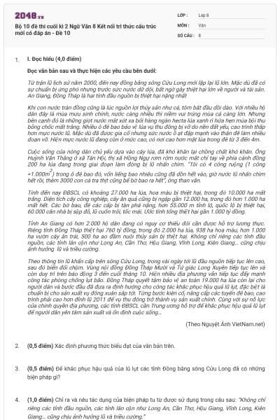 Bộ 10 đề thi cuối kì 2 Ngữ Văn 8 Kết nối tri thức cấu trúc mới có đáp án - Đề 10