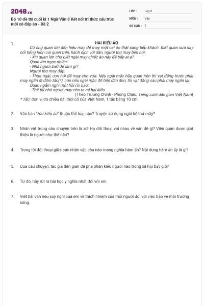 Bộ 10 đề thi cuối kì 1 Ngữ Văn 8 Kết nối tri thức cấu trúc mới có đáp án - Đề 2