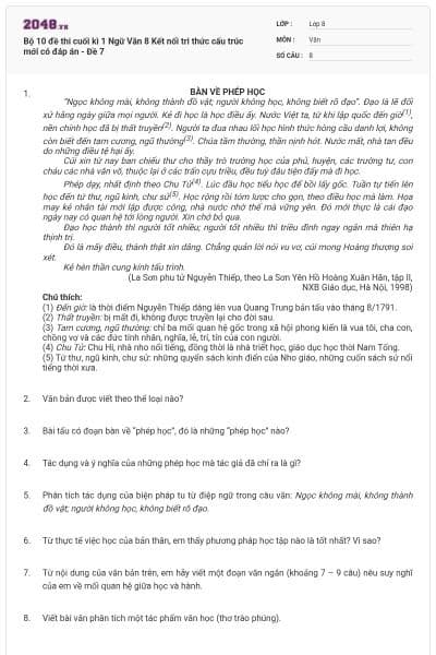 Bộ 10 đề thi cuối kì 1 Ngữ Văn 8 Kết nối tri thức cấu trúc mới có đáp án - Đề 7