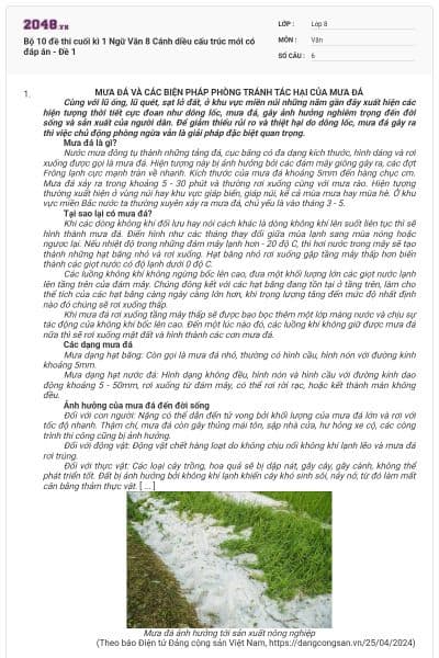 Bộ 10 đề thi cuối kì 1 Ngữ Văn 8 Cánh diều cấu trúc mới có đáp án - Đề 1