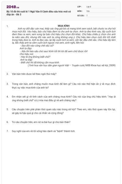 Bộ 10 đề thi cuối kì 1 Ngữ Văn 8 Cánh diều cấu trúc mới có đáp án - Đề 3