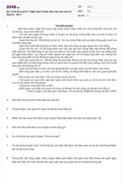 Bộ 10 đề thi cuối kì 1 Ngữ Văn 8 Cánh diều cấu trúc mới có đáp án - Đề 4