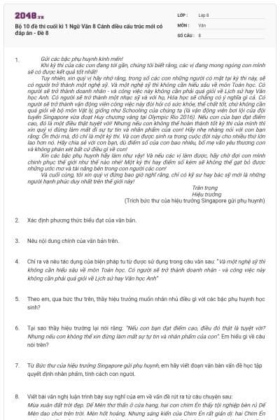 Bộ 10 đề thi cuối kì 1 Ngữ Văn 8 Cánh diều cấu trúc mới có đáp án - Đề 8