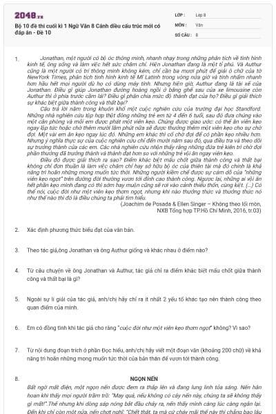 Bộ 10 đề thi cuối kì 1 Ngữ Văn 8 Cánh diều cấu trúc mới có đáp án - Đề 10