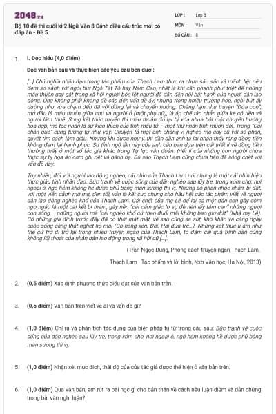 Bộ 10 đề thi cuối kì 2 Ngữ Văn 8 Cánh diều cấu trúc mới có đáp án - Đề 5