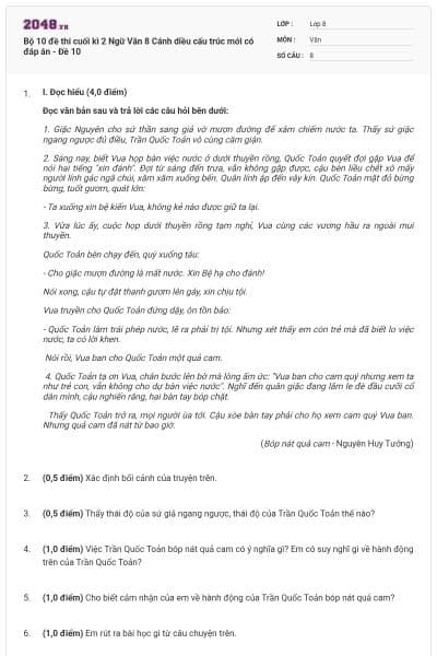 Bộ 10 đề thi cuối kì 2 Ngữ Văn 8 Cánh diều cấu trúc mới có đáp án - Đề 10