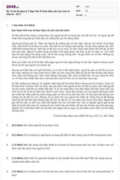 Bộ 10 đề thi giữa kì 2 Ngữ Văn 8 Cánh diều cấu trúc mới có đáp án - Đề 2