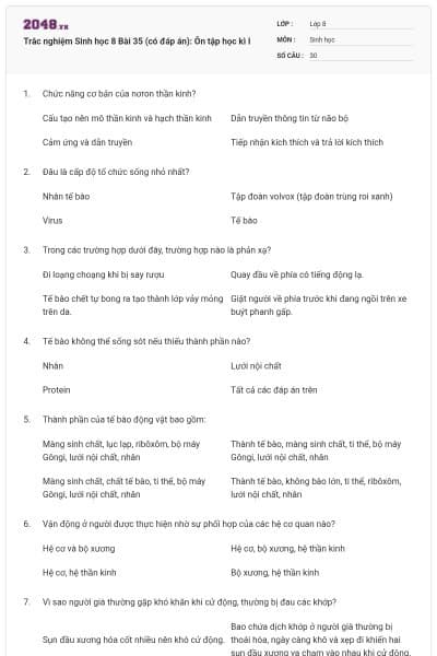 Trắc nghiệm Sinh học 8 Bài 35 (có đáp án): Ôn tập học kì I