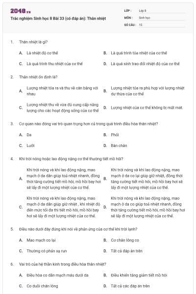 Trắc nghiệm Sinh học 8 Bài 33 (có đáp án): Thân nhiệt