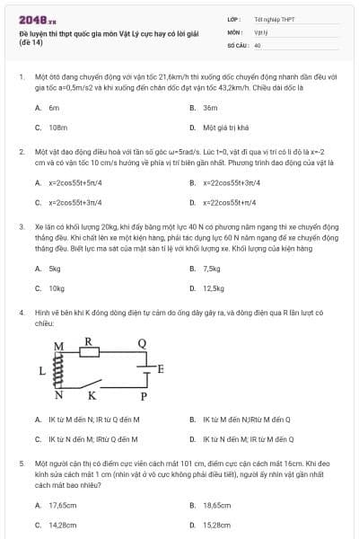Đề luyện thi thpt quốc gia môn Vật Lý cực hay có lời giải (đề 14)