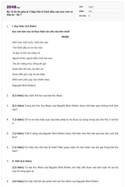 Bộ 10 đề thi giữa kì 2 Ngữ Văn 8 Cánh diều cấu trúc mới có đáp án - Đề 7