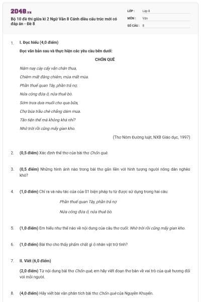 Bộ 10 đề thi giữa kì 2 Ngữ Văn 8 Cánh diều cấu trúc mới có đáp án - Đề 8