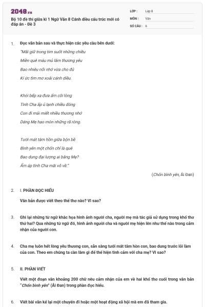 Bộ 10 đề thi giữa kì 1 Ngữ Văn 8 Cánh diều cấu trúc mới có đáp án - Đề 3