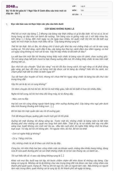 Bộ 10 đề thi giữa kì 1 Ngữ Văn 8 Cánh diều cấu trúc mới có đáp án - Đề 5