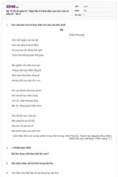 Bộ 10 đề thi giữa kì 1 Ngữ Văn 8 Cánh diều cấu trúc mới có đáp án - Đề 6