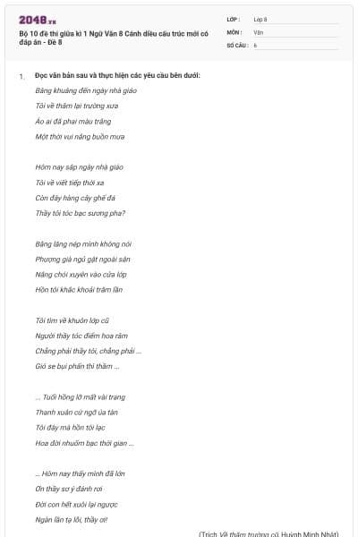 Bộ 10 đề thi giữa kì 1 Ngữ Văn 8 Cánh diều cấu trúc mới có đáp án - Đề 8