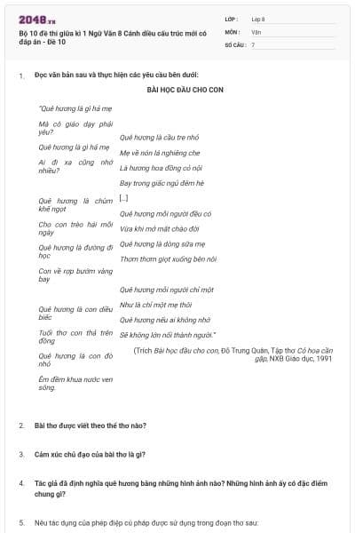 Bộ 10 đề thi giữa kì 1 Ngữ Văn 8 Cánh diều cấu trúc mới có đáp án - Đề 10