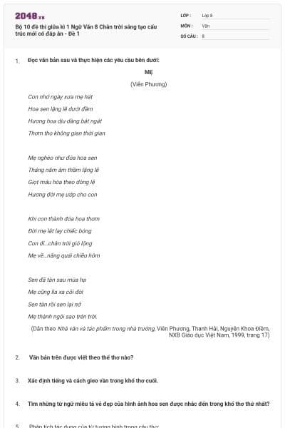 Bộ 10 đề thi giữa kì 1 Ngữ Văn 8 Chân trời sáng tạo cấu trúc mới có đáp án - Đề 1