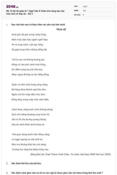 Bộ 10 đề thi giữa kì 1 Ngữ Văn 8 Chân trời sáng tạo cấu trúc mới có đáp án - Đề 2