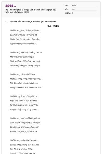 Bộ 10 đề thi giữa kì 1 Ngữ Văn 8 Chân trời sáng tạo cấu trúc mới có đáp án - Đề 3