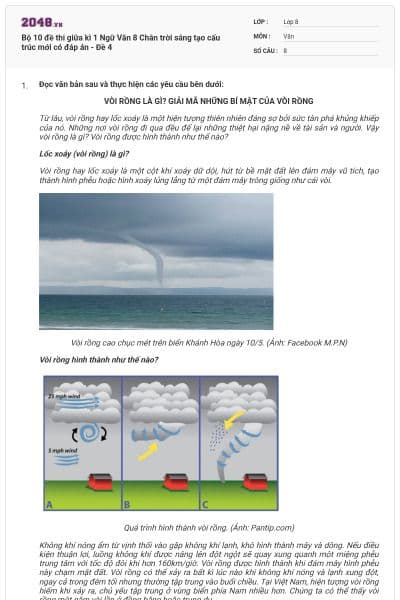 Bộ 10 đề thi giữa kì 1 Ngữ Văn 8 Chân trời sáng tạo cấu trúc mới có đáp án - Đề 4