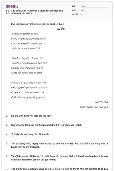Bộ 10 đề thi giữa kì 1 Ngữ Văn 8 Chân trời sáng tạo cấu trúc mới có đáp án - Đề 6