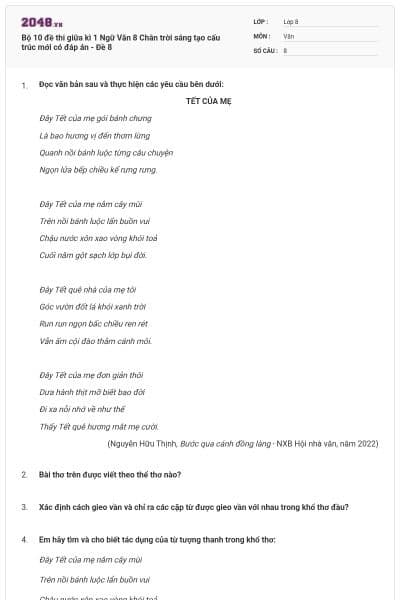 Bộ 10 đề thi giữa kì 1 Ngữ Văn 8 Chân trời sáng tạo cấu trúc mới có đáp án - Đề 8
