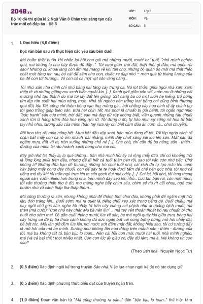 Bộ 10 đề thi giữa kì 2 Ngữ Văn 8 Chân trời sáng tạo cấu trúc mới có đáp án - Đề 8