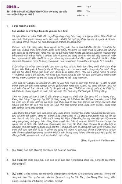 Bộ 10 đề thi cuối kì 2 Ngữ Văn 8 Chân trời sáng tạo cấu trúc mới có đáp án - Đề 3