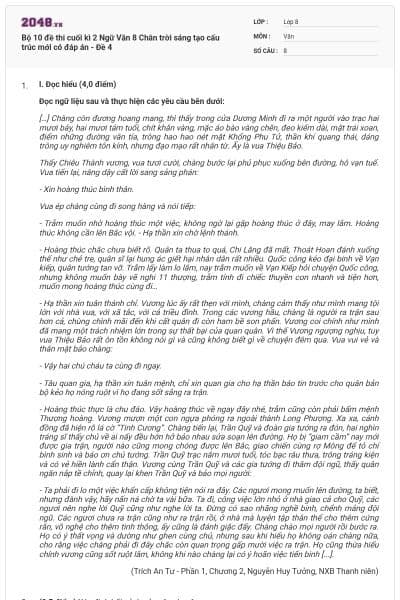 Bộ 10 đề thi cuối kì 2 Ngữ Văn 8 Chân trời sáng tạo cấu trúc mới có đáp án - Đề 4