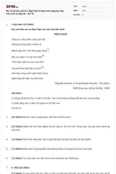 Bộ 10 đề thi cuối kì 2 Ngữ Văn 8 Chân trời sáng tạo cấu trúc mới có đáp án - Đề 10