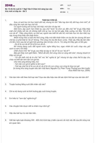 Bộ 10 đề thi cuối kì 1 Ngữ Văn 8 Chân trời sáng tạo cấu trúc mới có đáp án - Đề 3