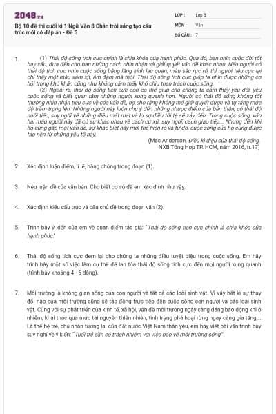 Bộ 10 đề thi cuối kì 1 Ngữ Văn 8 Chân trời sáng tạo cấu trúc mới có đáp án - Đề 5