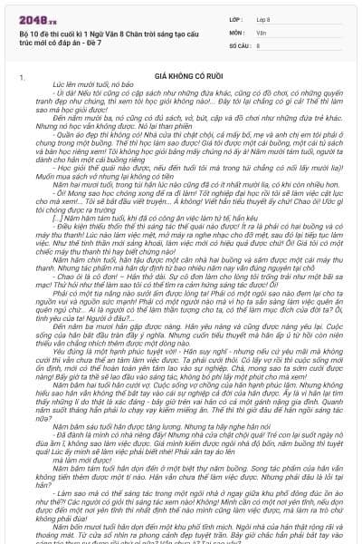 Bộ 10 đề thi cuối kì 1 Ngữ Văn 8 Chân trời sáng tạo cấu trúc mới có đáp án - Đề 7