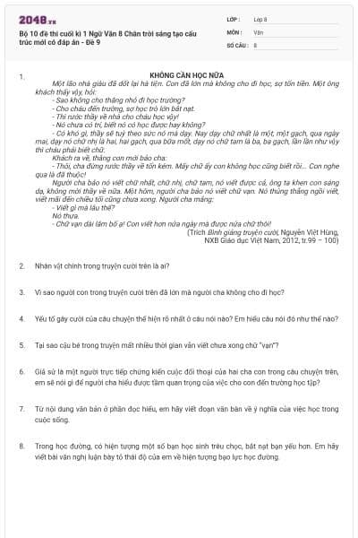 Bộ 10 đề thi cuối kì 1 Ngữ Văn 8 Chân trời sáng tạo cấu trúc mới có đáp án - Đề 9