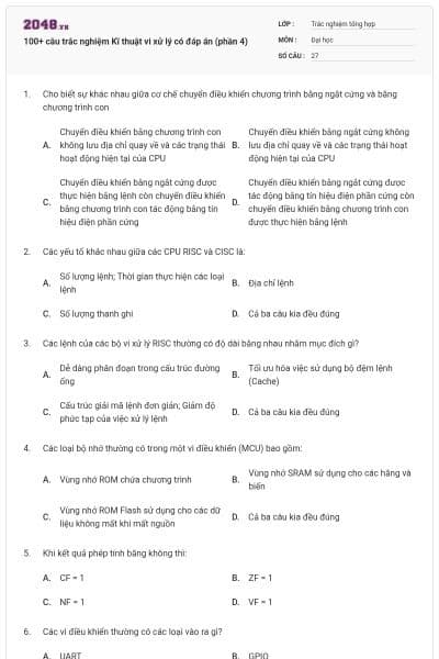 100+ câu trắc nghiệm Kĩ thuật vi xử lý có đáp án (phần 4)