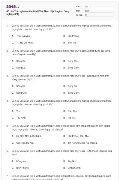 40 câu Trắc nghiệm Alat Địa lí Việt Nam: Địa lí ngành Công nghiệp (P1)