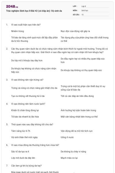 Trắc nghiệm Sinh học 8 Bài 42 (có đáp án): Vệ sinh da