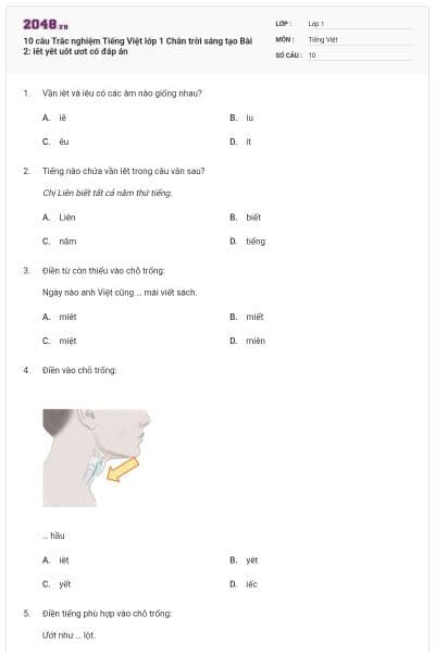 10 câu Trắc nghiệm Tiếng Việt lớp 1 Chân trời sáng tạo Bài 2: iêt yêt uôt ươt có đáp án