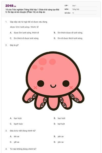 10 câu Trắc nghiệm Tiếng Việt lớp 1 Chân trời sáng tạo Bài 5: Ôn tập và kể chuyện (Phần 16) có đáp án