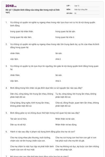Đề số 1 (Quyền bình đẳng của công dân trong một số lĩnh vực)