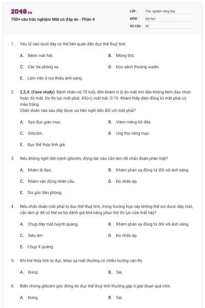 700+ câu trắc nghiệm Mắt có đáp án - Phần 4